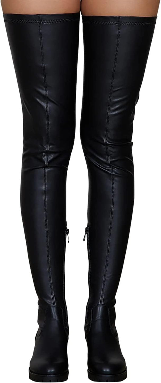 Knee High Boots Women Thigh High Over Knee Stretch Fashion Low Chunky Heel Round Toe Zipper Winter Boots Black Red 4.5-14