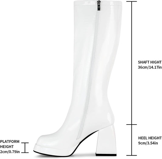 Black Leather Boots Platform Boots for Women Square Toe Chunky ed Boots