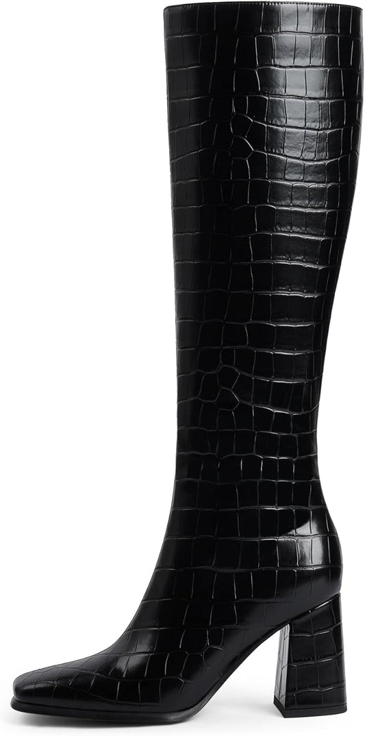 Knee High Boots Women Chunky Heel Square Toe Tall Boots for Women High Heel Side Zipper Long Boots