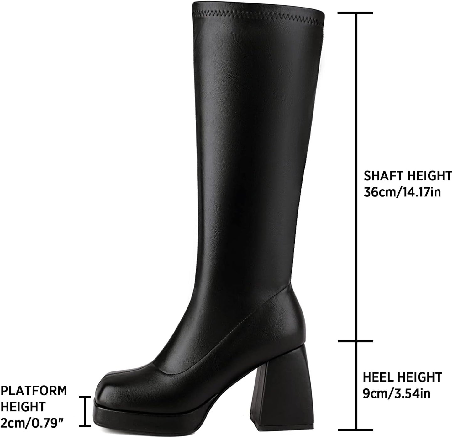 Black Leather Boots Platform Boots for Women Square Toe Chunky ed Boots