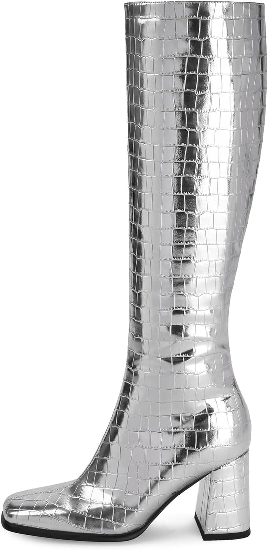 Knee High Boots Women Chunky Heel Square Toe Tall Boots for Women High Heel Side Zipper Long Boots