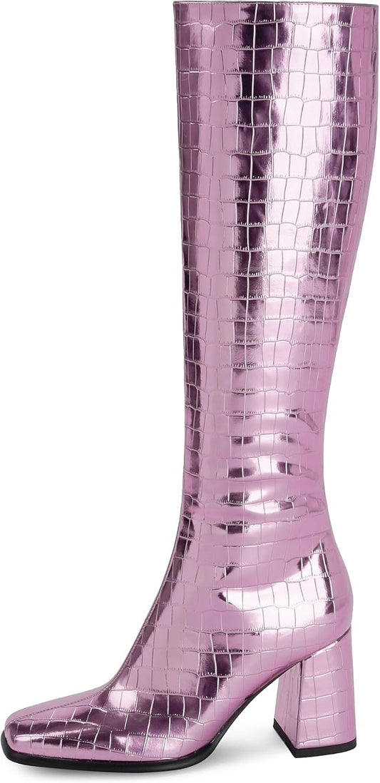 Knee High Boots Women Chunky Heel Square Toe Tall Boots for Women High Heel Side Zipper Long Boots