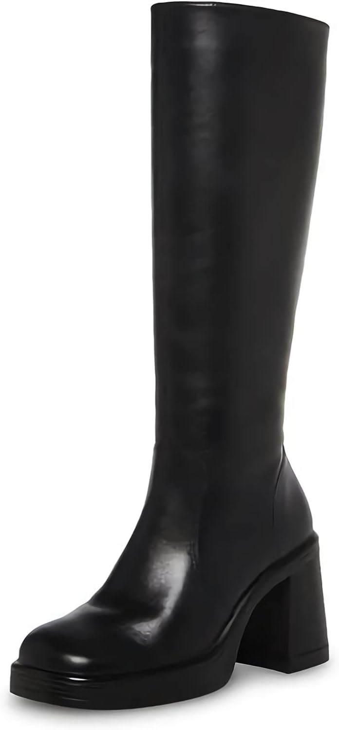 Black Leather Boots Platform Boots for Women Square Toe Chunky ed Boots