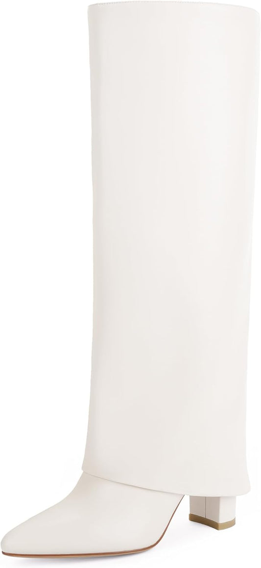 Knee High Boots Women Fold Over Knee High Boots Chunky High Heels Long Boots Zipper Pointed Toe Dress Tall Boots for Women