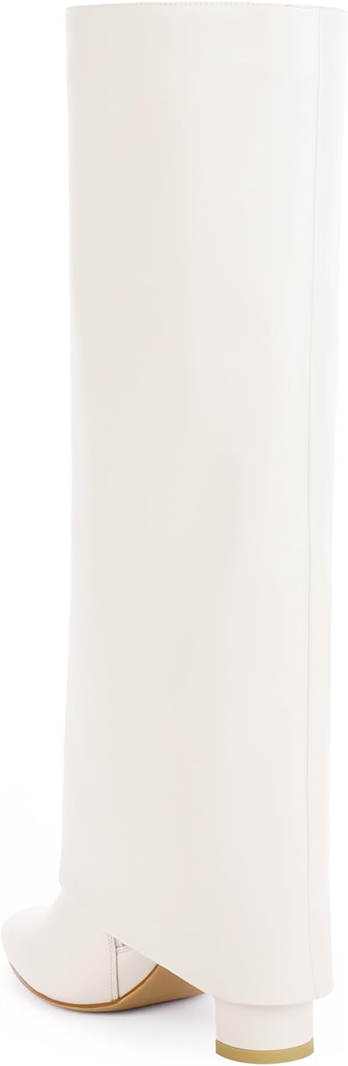 Knee High Boots Women Fold Over Knee High Boots Chunky High Heels Long Boots Zipper Pointed Toe Dress Tall Boots for Women