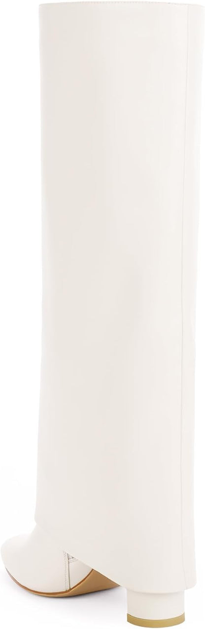 Knee High Boots Women Fold Over Knee High Boots Chunky High Heels Long Boots Zipper Pointed Toe Dress Tall Boots for Women