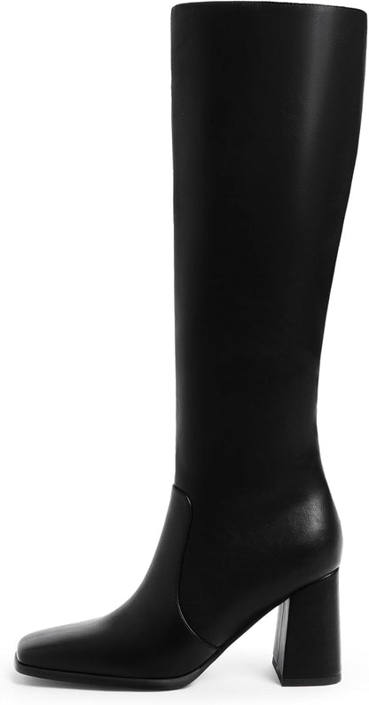 Knee High Boots Women Chunky Heel Square Toe Tall Boots for Women High Heel Side Zipper Long Boots