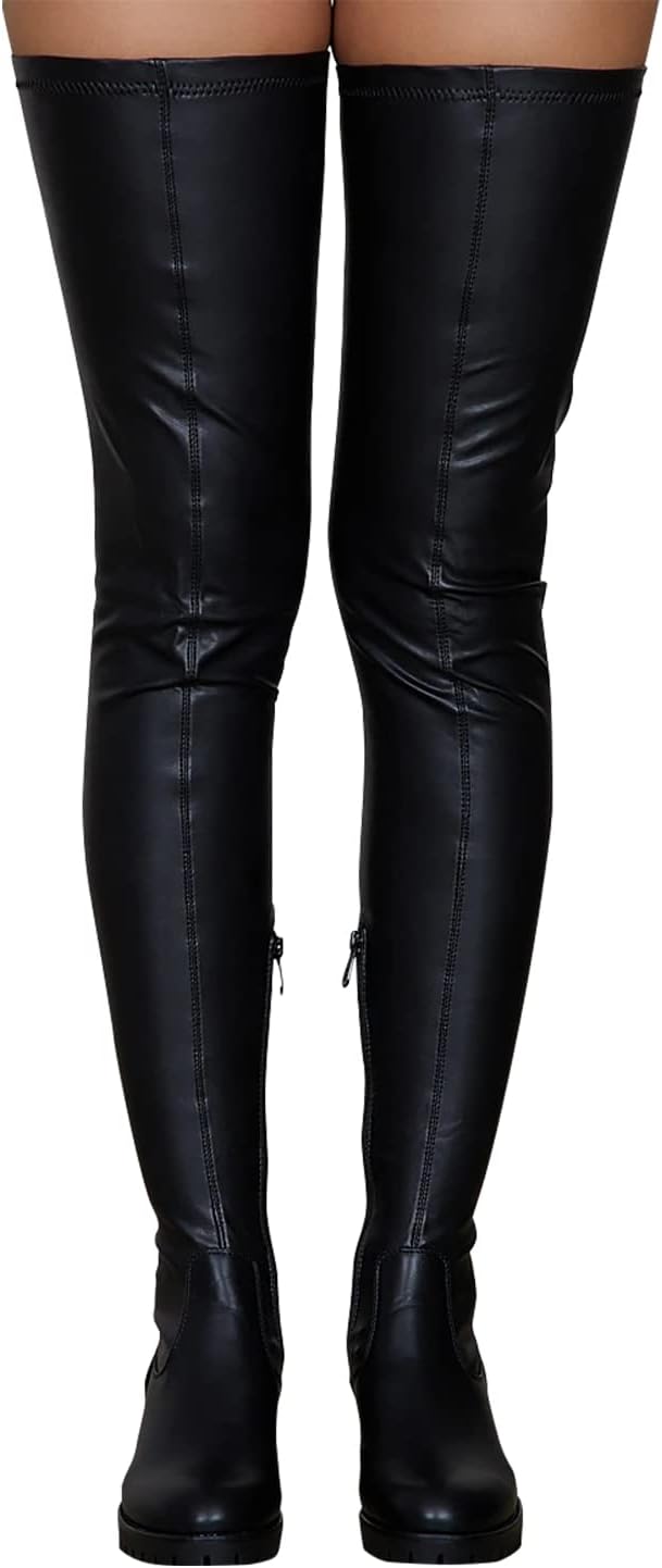 Knee High Boots Women Thigh High Over Knee Stretch Fashion Low Chunky Heel Round Toe Zipper Winter Boots Black Red 4.5-14