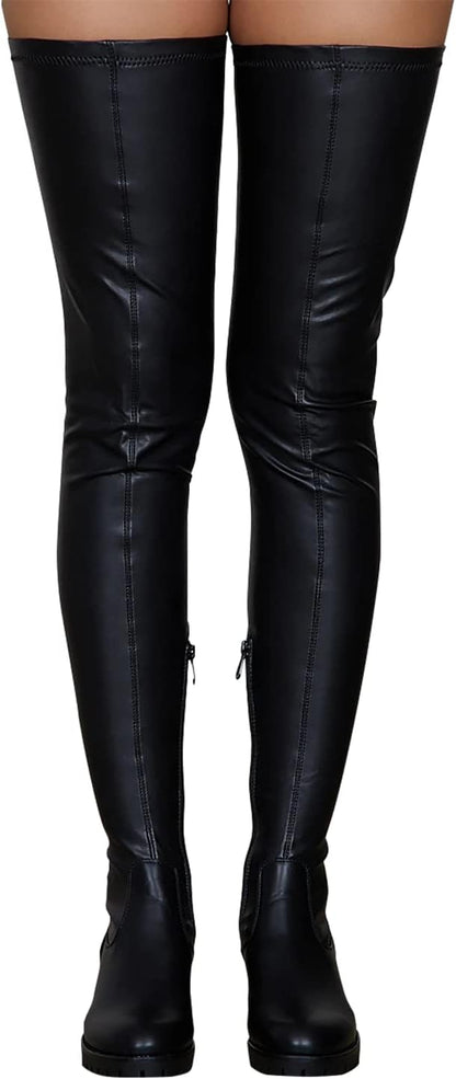 Knee High Boots Women Thigh High Over Knee Stretch Fashion Low Chunky Heel Round Toe Zipper Winter Boots Black Red 4.5-14