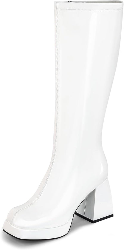 Black Leather Boots Platform Boots for Women Square Toe Chunky ed Boots