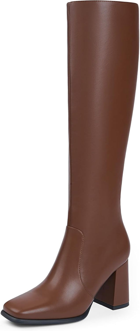 Knee High Boots Women Chunky Heel Square Toe Tall Boots for Women High Heel Side Zipper Long Boots