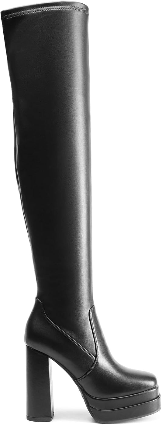 Women Platform Over The Knee Thigh High Boots Chunky High Heels Square Toe Long Fall   Boots
