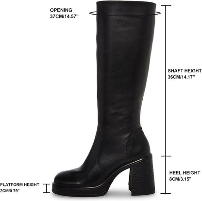Black Leather Boots Platform Boots for Women Square Toe Chunky ed Boots