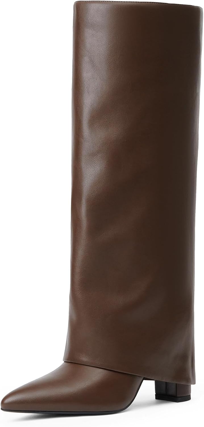 Knee High Boots Women Fold Over Knee High Boots Chunky High Heels Long Boots Zipper Pointed Toe Dress Tall Boots for Women