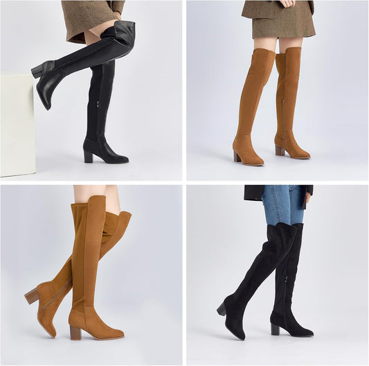 Women Over The Knee Boots Stretch Thigh High Block Mid Heel Boot Fashion Side Zip Winter Boots