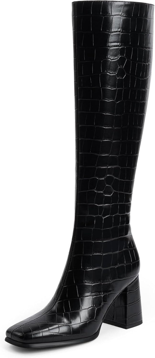 Knee High Boots Women Chunky Heel Square Toe Tall Boots for Women High Heel Side Zipper Long Boots