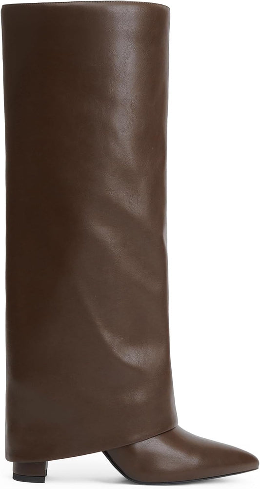 Knee High Boots Women Fold Over Knee High Boots Chunky High Heels Long Boots Zipper Pointed Toe Dress Tall Boots for Women