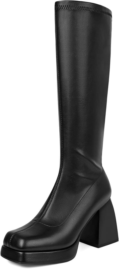 Black Leather Boots Platform Boots for Women Square Toe Chunky ed Boots