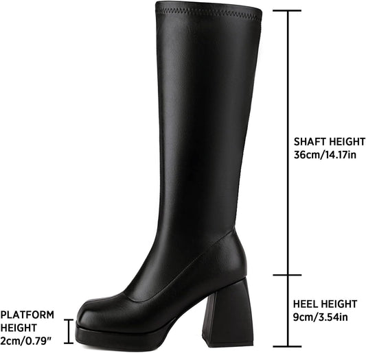 Black Leather Boots Platform Boots for Women Square Toe Chunky ed Boots