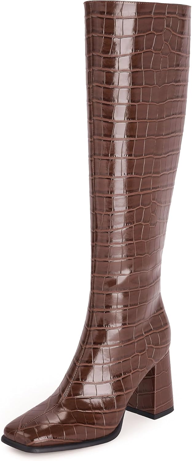 Knee High Boots Women Chunky Heel Square Toe Tall Boots for Women High Heel Side Zipper Long Boots