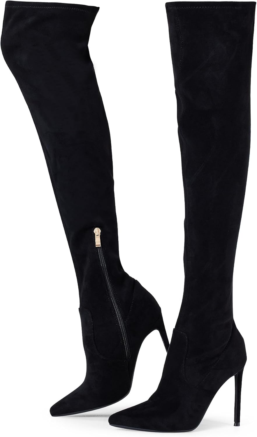 Thigh High Boots Over the Knee Boots for Women,Sexy 4.3 inch Stilettos High Heels Boots Stretch Suede Long Pointed Toe Shoes