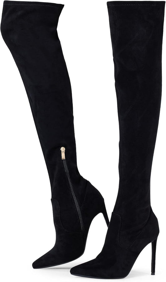 Thigh High Boots Over the Knee Boots for Women,Sexy 4.3 inch Stilettos High Heels Boots Stretch Suede Long Pointed Toe Shoes