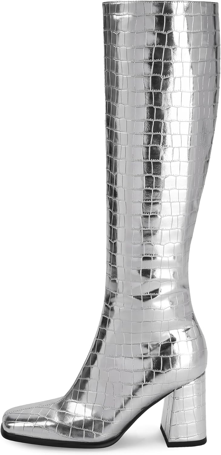 Knee High Boots Women Chunky Heel Square Toe Tall Boots for Women High Heel Side Zipper Long Boots