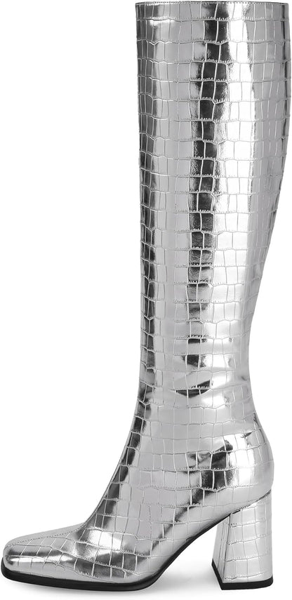 Knee High Boots Women Chunky Heel Square Toe Tall Boots for Women High Heel Side Zipper Long Boots