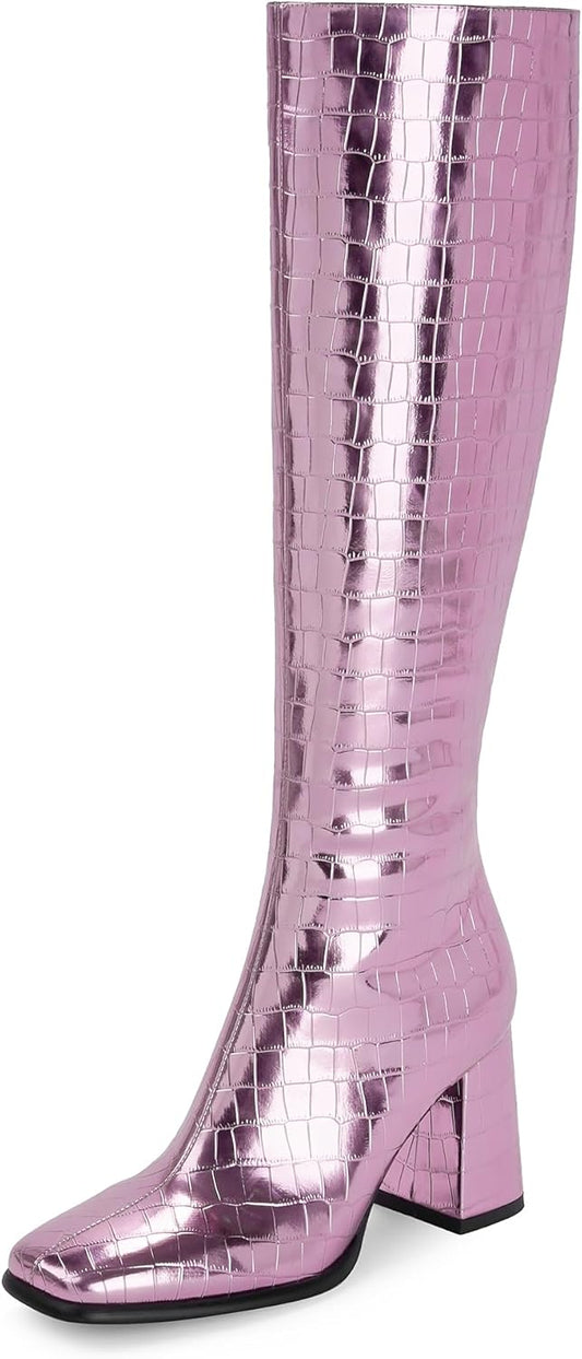 Knee High Boots Women Chunky Heel Square Toe Tall Boots for Women High Heel Side Zipper Long Boots