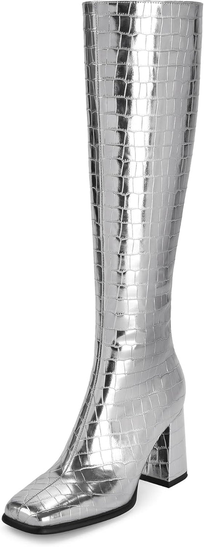 Knee High Boots Women Chunky Heel Square Toe Tall Boots for Women High Heel Side Zipper Long Boots