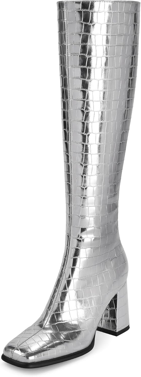 Knee High Boots Women Chunky Heel Square Toe Tall Boots for Women High Heel Side Zipper Long Boots