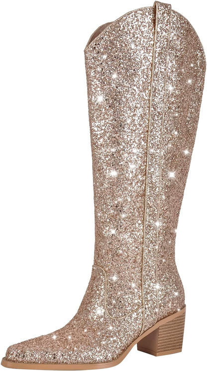 Women Heel Knee High Boots Rhinestone Chunky Block Heel Pull on Shoes