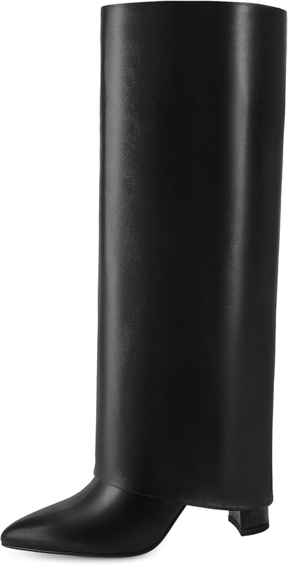 Knee High Boots Women Fold Over Knee High Boots Chunky High Heels Long Boots Zipper Pointed Toe Dress Tall Boots for Women