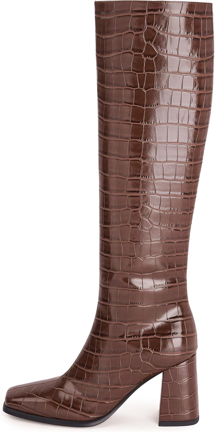 Knee High Boots Women Chunky Heel Square Toe Tall Boots for Women High Heel Side Zipper Long Boots