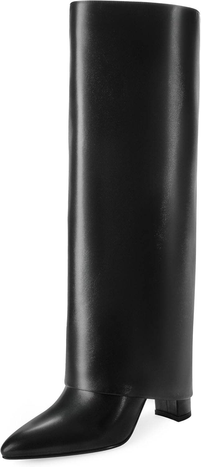 Knee High Boots Women Fold Over Knee High Boots Chunky High Heels Long Boots Zipper Pointed Toe Dress Tall Boots for Women