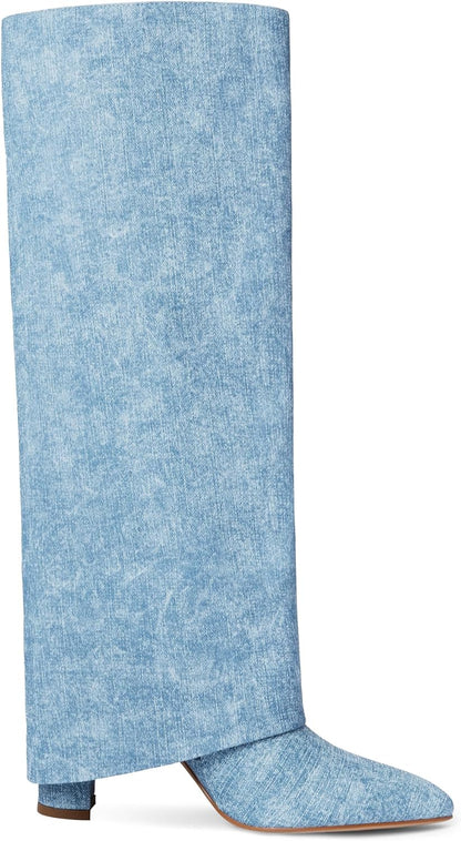 Knee High Boots Women Fold Over Knee High Boots Chunky High Heels Long Boots Zipper Pointed Toe Dress Tall Boots for Women