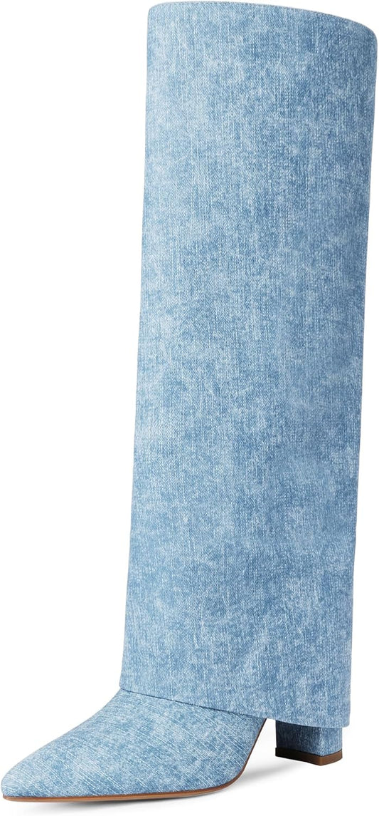 Knee High Boots Women Fold Over Knee High Boots Chunky High Heels Long Boots Zipper Pointed Toe Dress Tall Boots for Women